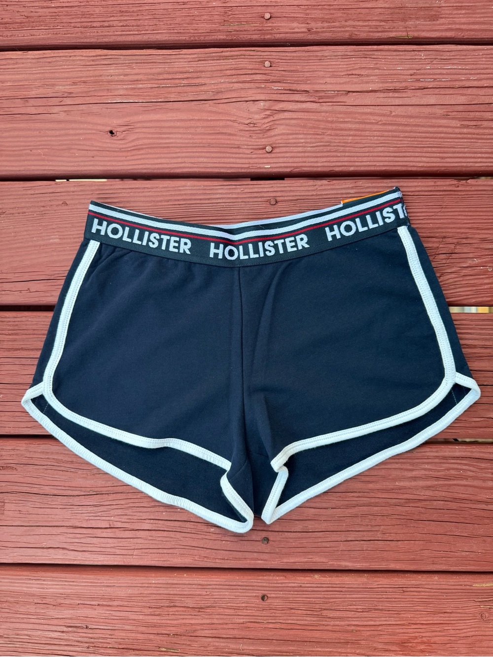 Hollister Navy Shorts with Red and White Stripe Waistband